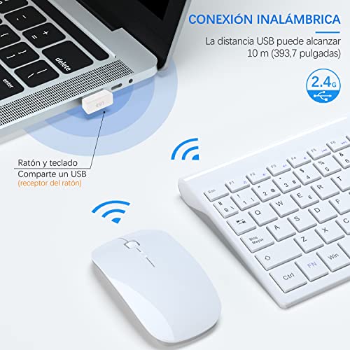 TopMate Pack Teclado y Mouse Inalámbricos Ultra Delgado, 2.4G USB Compacto Silencioso Kit Ratón y Teclado Español con Cubierta, Baterías 2AA y 2 AAA, para PC/Portatil/Windows/Mac - Blanco