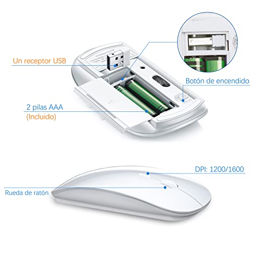 TopMate Pack Teclado y Mouse Inalámbricos Ultra Delgado, 2.4G USB Compacto Silencioso Kit Ratón y Teclado Español con Cubierta, Baterías 2AA y 2 AAA, para PC/Portatil/Windows/Mac - Blanco