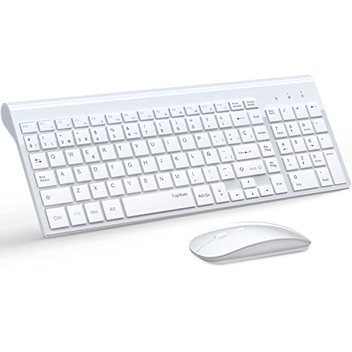 TopMate Pack Teclado y Mouse Inalámbricos Ultra Delgado, 2.4G USB Compacto Silencioso Kit Ratón y Teclado Español con Cubierta, Baterías 2AA y 2 AAA, para PC/Portatil/Windows/Mac - Blanco