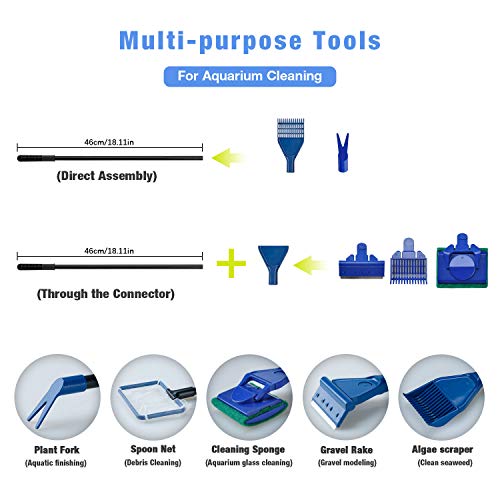 TOWEAR Juego de limpieza 5 en 1 para acuario, red de peces, rastrillo de grava, tenedor de plantas, raspador, esponja, mango, conector, kit de herramientas de mantenimiento para limpieza de peceras