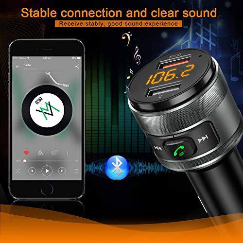 Transmisor de FM, Vorstik Bluetooth Transmisor FM para Coche, Adaptador de Radio, Manos Libres mM3 Mechero Coche con QC3.0, Cargador de Coche Doble USB