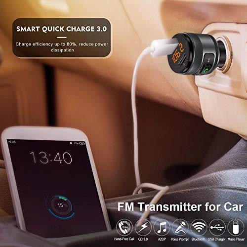 Transmisor de FM, Vorstik Bluetooth Transmisor FM para Coche, Adaptador de Radio, Manos Libres mM3 Mechero Coche con QC3.0, Cargador de Coche Doble USB