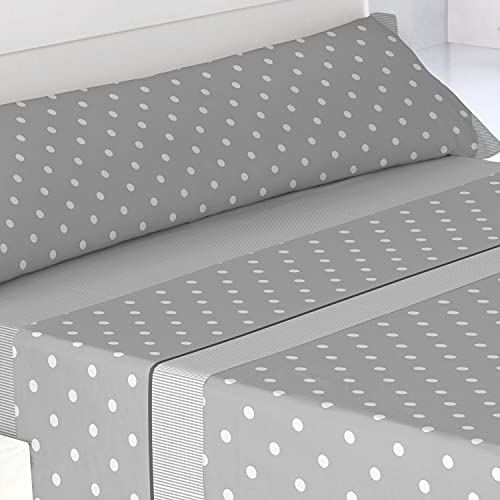 Trapposhome Sabanas Estampadas Juego 3 Piezas. Poliester Algodon. Juego Sabanas Encimera, Bajera Ajustable y Funda Almohada. Diseño Calidad. Color Motas Gris. Cama 150 cm