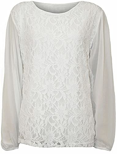 TrendyFashion Blusa de manga larga con encaje de gasa y malla transparente para mujer con cuello redondo y forro floral, blanco, 22-24