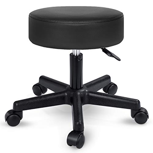 TRESKO Taburete con Ruedas Taburete Giratorio cosmético de Trabajo Consulta, Regulable en Altura, Giratorio en 360°, con Asiento Acolchado de 10 cm y 8 Variantes de Colores (Negro)