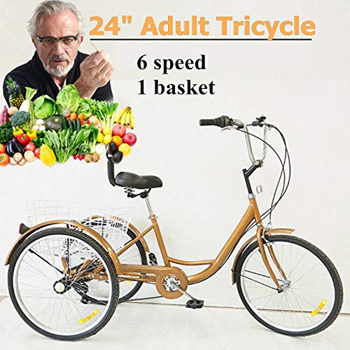 Triciclo de 24 pulgadas, 6 velocidades, para adultos, 3 ruedas, bicicleta de la compra, triciclo, personas mayores, con cesta, color dorado