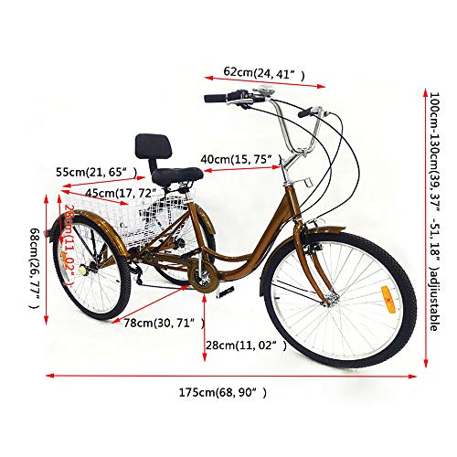 Triciclo de 24 pulgadas, 6 velocidades, para adultos, 3 ruedas, bicicleta de la compra, triciclo, personas mayores, con cesta, color dorado