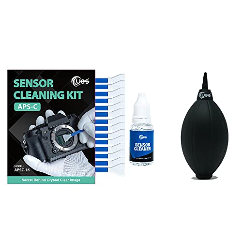 UES APS-C Kit de limpieza de sensor de cámara (14 hisopos + limpiador de 15 ml) y sensor de lente soplador de aire de polvo