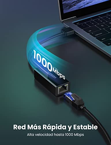 UGREEN Adaptador de Red USB 3.0 a Gigabit Ethernet, Adaptador USB a Ethernet RJ45 a USB Tarjeta de Red 1000Mbps para Consola de Switch, Xiaomi Mi Box S/ 3/ 2, Macbook, Surface Pro, Raspberry Pi 4-Negro