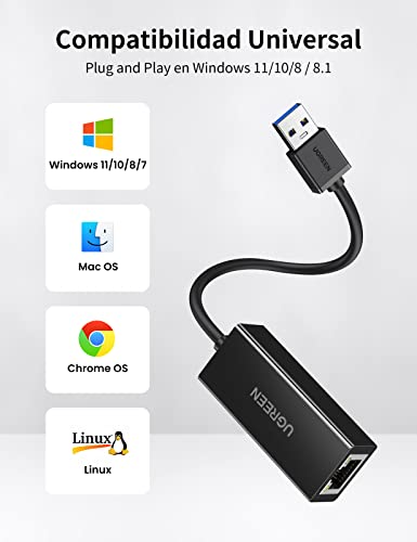 UGREEN Adaptador de Red USB 3.0 a Gigabit Ethernet, Adaptador USB a Ethernet RJ45 a USB Tarjeta de Red 1000Mbps para Consola de Switch, Xiaomi Mi Box S/ 3/ 2, Macbook, Surface Pro, Raspberry Pi 4-Negro