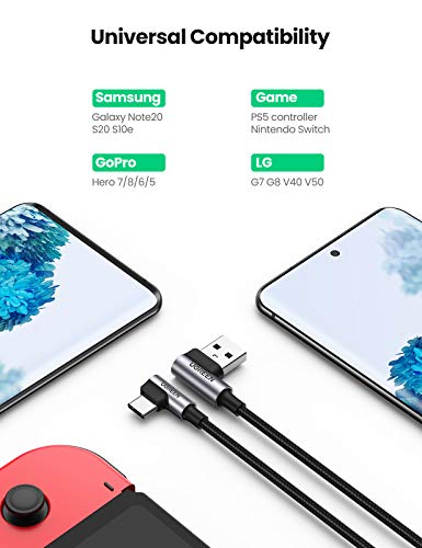 UGREEN Cable USB Tipo C 90 Grados (2 Pack 1m+2m) Carga Rápida 3A Cable Codo Nylon Trenzado para Móvil USB C Samsung Note S20 S10 S9 A50 A60 A70 A21 A51, Xiaomi Redmi 9 Note 7 8 Mi 9 A2 Huawei P30 P20