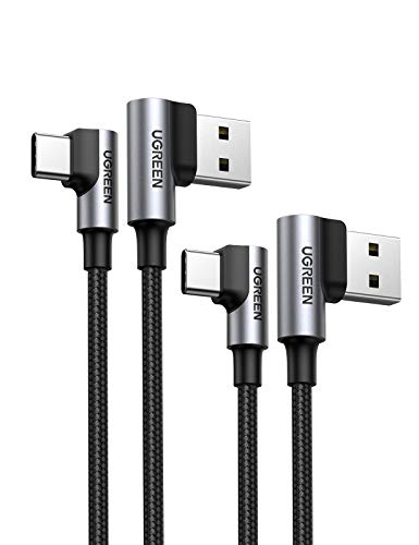 UGREEN Cable USB Tipo C 90 Grados (2 Pack 1m+2m) Carga Rápida 3A Cable Codo Nylon Trenzado para Móvil USB C Samsung Note S20 S10 S9 A50 A60 A70 A21 A51, Xiaomi Redmi 9 Note 7 8 Mi 9 A2 Huawei P30 P20