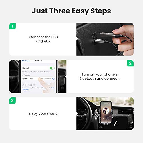 UGREEN Receptor Bluetooth 5.0, USB Aux Bluetooth Coche Micrófono Incorporado, A2DP Audio Estéreo Kits de Manos Libres para Automóvil, Adaptador Jack Bluetooth para Altavoces y Coche con Cable Elástico