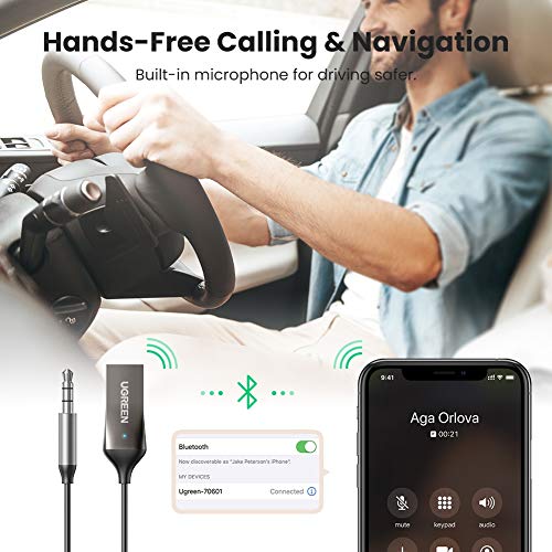 UGREEN Receptor Bluetooth 5.0, USB Aux Bluetooth Coche Micrófono Incorporado, A2DP Audio Estéreo Kits de Manos Libres para Automóvil, Adaptador Jack Bluetooth para Altavoces y Coche con Cable Elástico