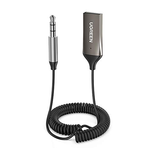 UGREEN Receptor Bluetooth 5.0, USB Aux Bluetooth Coche Micrófono Incorporado, A2DP Audio Estéreo Kits de Manos Libres para Automóvil, Adaptador Jack Bluetooth para Altavoces y Coche con Cable Elástico