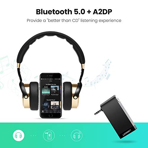 UGREEN Receptor Bluetooth Audio Coche, Bluetooth Coche Aux con Micrófono para Llamadas Manos Libres, HiFi Estéreo Adaptador Bluetooth Jack 3.5 para Radio del Coche, Altavoz, Auriculares, Amplificador