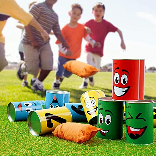 ULIFEME Juego Jardin, Juego de Puntería para Niños, 10pcs Sonreír Metal Tirar Latas y 3pcs Bolsas de Frijol, Callejón de Lata Juguetes para Exterior y Casa, Cumpleaños y Fiesta - Niño Gran Regalo