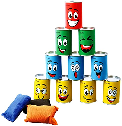 ULIFEME Juego Jardin, Juego de Puntería para Niños, 10pcs Sonreír Metal Tirar Latas y 3pcs Bolsas de Frijol, Callejón de Lata Juguetes para Exterior y Casa, Cumpleaños y Fiesta - Niño Gran Regalo