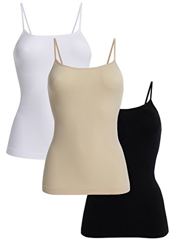 UnsichtBra Camisetas Mujer | Camisetas Tirantes Mujer | Pack de 3 Tops (Negro, Blanco, Beige, S-M)