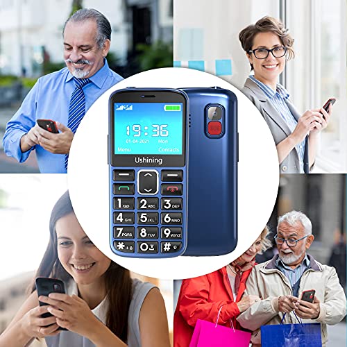 USHINING Teléfono Móvil con Tapa para Personas Mayores, Fácil de Usar Celular para Ancianos con Botón SOS y Base cargadora, Doble SIM Radio FM Cámara Linterna, Cámara - Azul