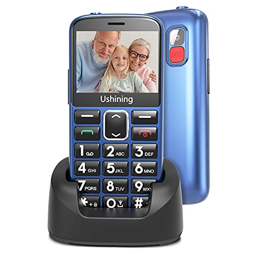 USHINING Teléfono Móvil con Tapa para Personas Mayores, Fácil de Usar Celular para Ancianos con Botón SOS y Base cargadora, Doble SIM Radio FM Cámara Linterna, Cámara - Azul