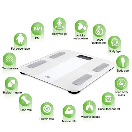 Uten Báscula de Baño Inteligente Recargable Bluetooth Báscula de Grasa Corporal con Analizador de Cuerpo Para Medición del Peso Corporal, Grasa Corporal, IMC, etc, 28st / 180kg / 400lb, Blanco