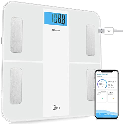 Uten Báscula de Baño Inteligente Recargable Bluetooth Báscula de Grasa Corporal con Analizador de Cuerpo Para Medición del Peso Corporal, Grasa Corporal, IMC, etc, 28st / 180kg / 400lb, Blanco