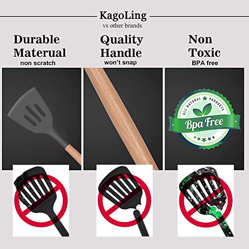 Utensilios Cocina de Silicona,KagoLing 12 Piezas Juego de Utensilios de Cocina Resistentes al Calor y Antiadherentes con Mango de Madera para Utensilios + 1 Tijeras de cocina