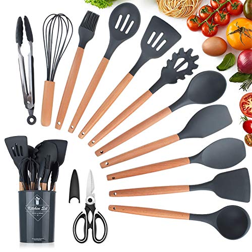 Utensilios Cocina de Silicona,KagoLing 12 Piezas Juego de Utensilios de Cocina Resistentes al Calor y Antiadherentes con Mango de Madera para Utensilios + 1 Tijeras de cocina