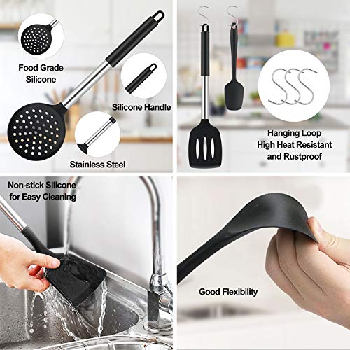 Utensilios de Cocina, WisFox 17 Piezas Resistente al Calor y Antiadherente Utensilios Cocina de Silicona y Acero Inoxidable, 15pcs Ganchos