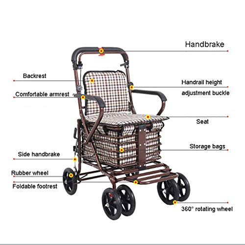 UWY Carrito de la Compra de Scooter Viejo Carrito de Hombre Viejo Plegable Puede Empujar Puede Sentarse Andador con Asiento Carrito de Compras de Cuatro Ruedas