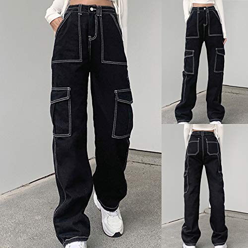 Vaqueros de mujer Y2K con cintura alta - Eauptffy pantalones vaqueros sueltos, hip hop, estilo boyfriend, estilo vintage, rectos, para chica eléctrica, pierna ancha, pantalones de ocio, Negro , M