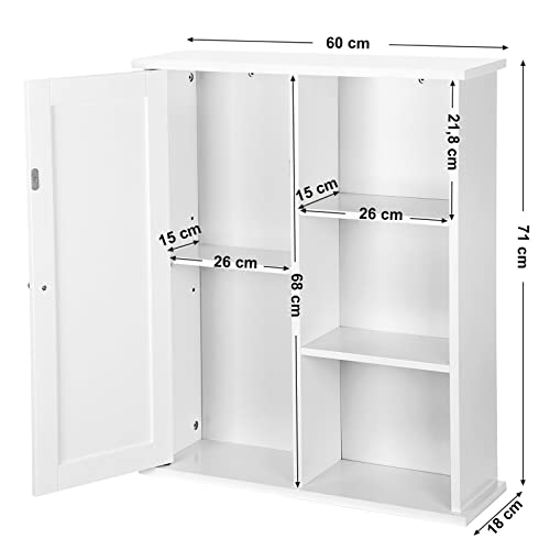 VASAGLE Armario de Pared Armario suspendido Armario Colgante Armario de baño Botiquín Armario Lateral 1 Puerta y estantes Balda Ajustable sin Espejo Blanco 60 x 18 x 71 cm BBC20WT