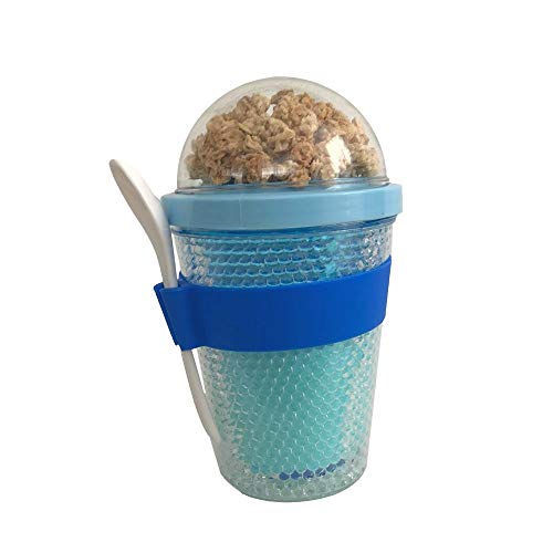 Vaso de cereales para llevar (300 y 100 ml, incluye cuchara y banda de fijación, doble revestimiento), color azul