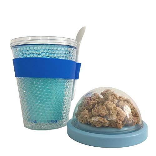 Vaso de cereales para llevar (300 y 100 ml, incluye cuchara y banda de fijación, doble revestimiento), color azul