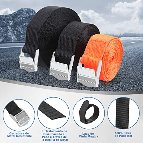 Vastar Correa de Amarre 6Pcs 2/3/5m - Cinchas de Amarre Cinchas para Portabicicletas, Baca Coche, Surf, Moto,Soportar 125 kg (4Pcs Negro 5m y 3m, 2 Pcs Naranja 2m)