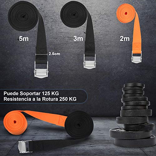 Vastar Correa de Amarre 6Pcs 2/3/5m - Cinchas de Amarre Cinchas para Portabicicletas, Baca Coche, Surf, Moto,Soportar 125 kg (4Pcs Negro 5m y 3m, 2 Pcs Naranja 2m)