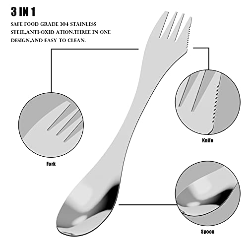 Vdealen Cubiertos de Acampada, Juego de Cubiertos de Tenedor Cuchara Cuchillo 3-en-1, Curva Ergonómica de Horquilla con Borde Dentado en la Horquilla- Ideal para Acampar, Trabajo, Viajar Llevar