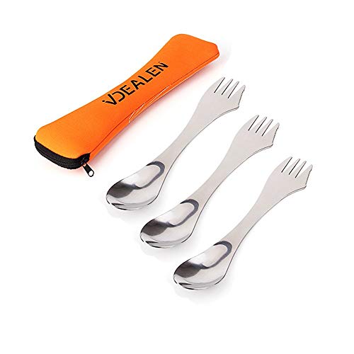 Vdealen Cubiertos de Acampada, Juego de Cubiertos de Tenedor Cuchara Cuchillo 3-en-1, Curva Ergonómica de Horquilla con Borde Dentado en la Horquilla- Ideal para Acampar, Trabajo, Viajar Llevar