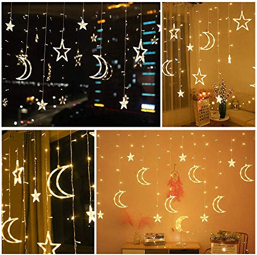 Vegena Cortina de luces LED, 3,5 m, estrellas y lunas, funciona con pilas, con mando a distancia, 8 modos de parpadeo, para jardín, casa, decoración de color blanco cálido