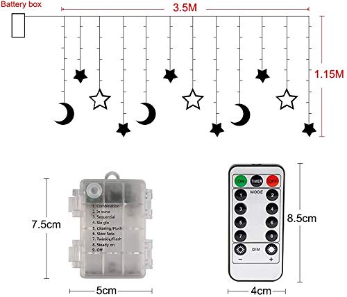 Vegena Cortina de luces LED, 3,5 m, estrellas y lunas, funciona con pilas, con mando a distancia, 8 modos de parpadeo, para jardín, casa, decoración de color blanco cálido