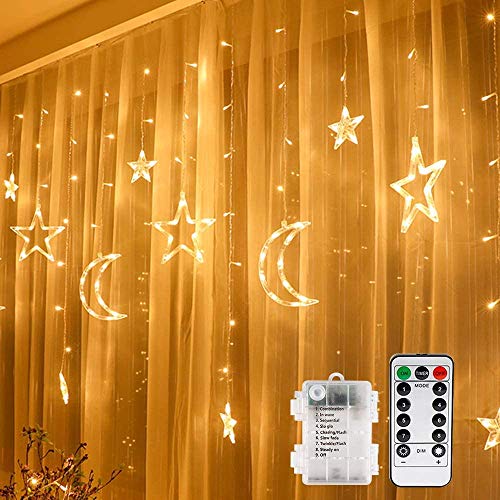 Vegena Cortina de luces LED, 3,5 m, estrellas y lunas, funciona con pilas, con mando a distancia, 8 modos de parpadeo, para jardín, casa, decoración de color blanco cálido