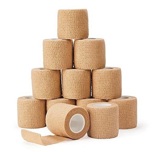 Vendaje Elástico Adhesivo 5 cm x 4.5 m, 12 Rollos de Venda Cohesiva Para el Esguince de Tobillo e Hinchazón de la Muñeca (Beige)