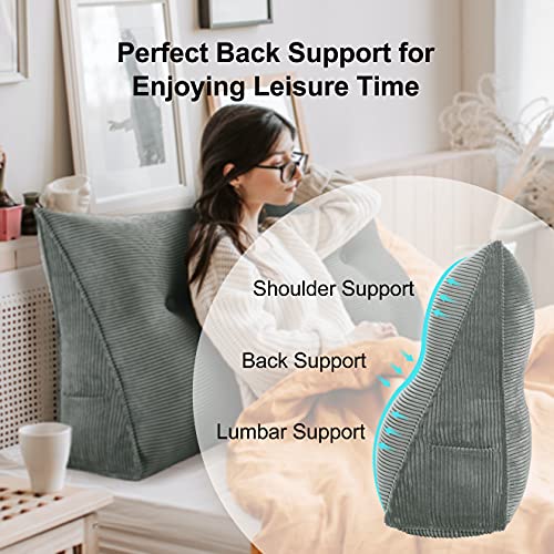 VERCART Triangular Almohada de Lectura Cama, Cabecera Tapizado Lumbar Cervical, Cojines de Cuña Espalda Antireflujo Adulto Larga para Dormir, Cojines Cuerpo Completo Alta con Pana Funda Gris 180CM