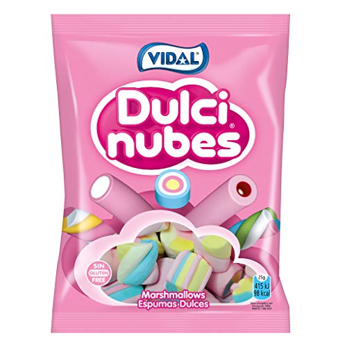 Vidal Golosinas Dulcinubes. Nubes de inconfundible y delicosos sabor vainilla. Colores variados y entremezclados: rosa, blanco, azul , verde y amarillo. Bolsa 125 unidades.