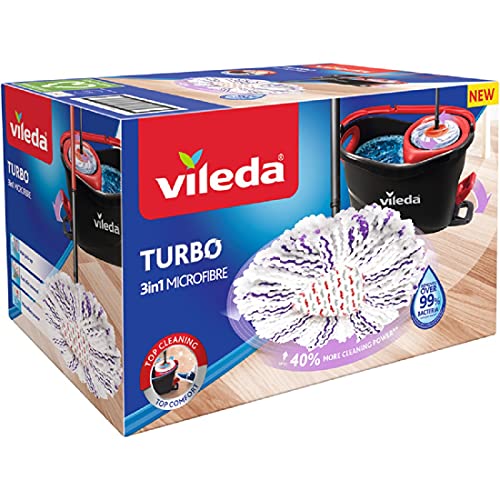 Vileda Turbo - Juego completo 3 en 1 de fregona con mango telescópico y articulación de 360°, longitud del mango: 85 - 130 cm, cubo con centrifugadora, cabezal de microfibra lavable