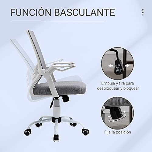 Vinsetto Silla de Oficina Ergonómica Silla Escritorio Giratoria con Altura Ajustable Reposabrazos Abatible Soporte Lumbar y Respaldo Transpirable 62,5x55x94-104 cm Gris