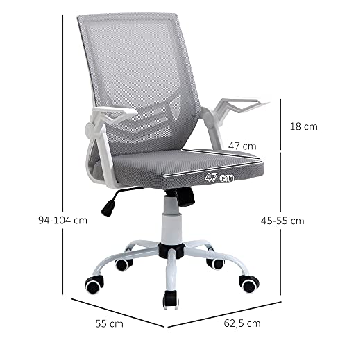 Vinsetto Silla de Oficina Ergonómica Silla Escritorio Giratoria con Altura Ajustable Reposabrazos Abatible Soporte Lumbar y Respaldo Transpirable 62,5x55x94-104 cm Gris