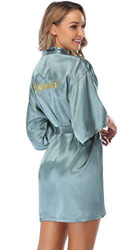 Vlazom Kimono Mujer Bata para Satén Mujer, Albornoces para Mujer de Batas Novia Boda de Pijamas para Kimono Dama de Honor Suave y Sexy S-XXL,L,Verde oscuro - Dama de Honor