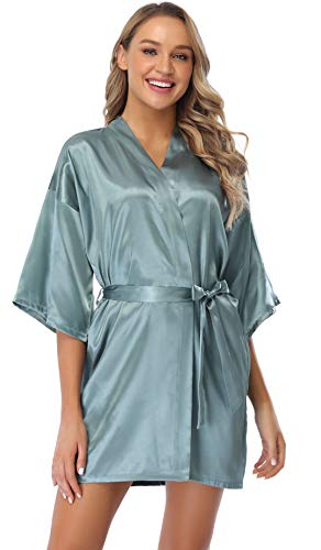 Vlazom Kimono Mujer Bata para Satén Mujer, Albornoces para Mujer de Batas Novia Boda de Pijamas para Kimono Dama de Honor Suave y Sexy S-XXL,L,Verde oscuro - Dama de Honor